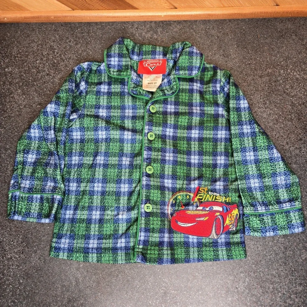 Y2K '05 Disney Cars‎ Green Plaid Fleece Pajama Set Size 3T Embroidered